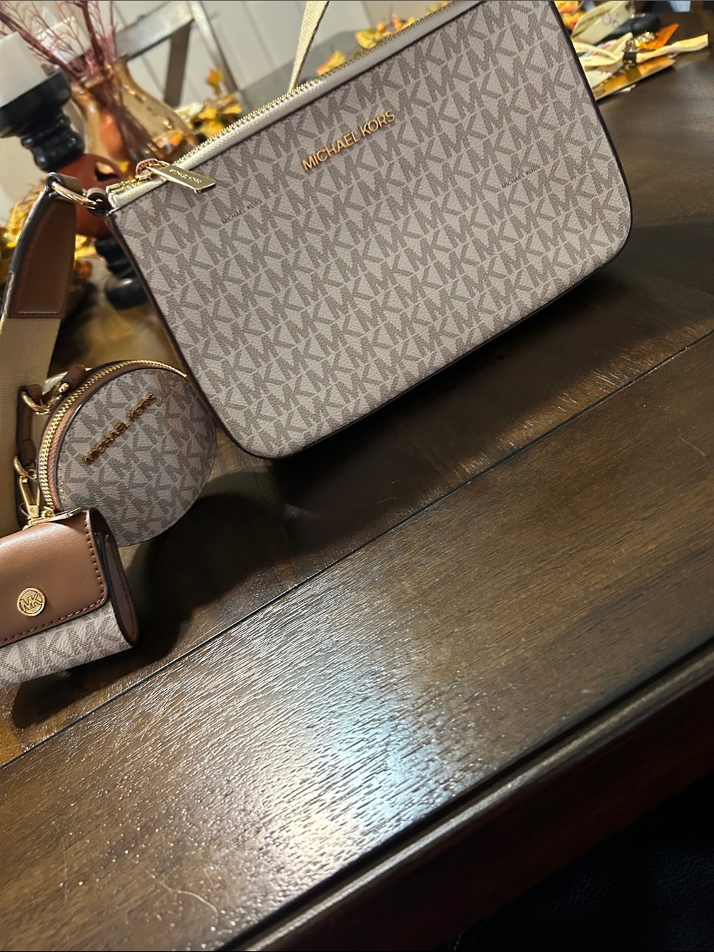 Michael Kors Beige/Tan Monogram Crossbody Bag with Pouch Set
